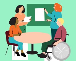 Illustration of people around a table, working and having discussions